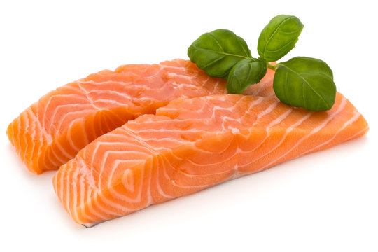 Fresh salmon fillet with basil on the white background.