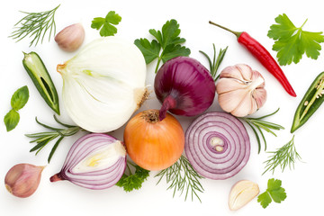 Onion and spices isolated on white background, top view.