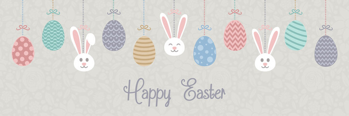 Happy Easter - banner with hanging bunnies and eggs. Vector.