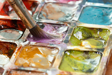 Set of watercolor paints and paintbrushes for painting