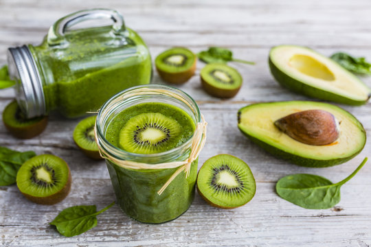 A delicious and healthy green smoothie in jar.