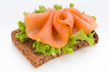 Bread with fresh salmon fillet isolated on white background, top view.