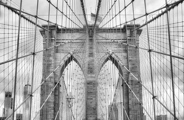 Black and white picture of the Brooklyn Bridge, New York City, USA.