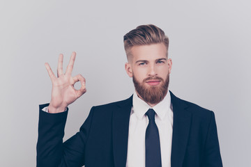 Portrait of cheerful focused satisfied delightful experienced qualified handsome brutal macho with...