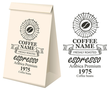 Fototapeta Paper packaging with label for coffee beans. Vector label for coffee with coffee bean, pencil drawing and inscription and 3d paper package with this label.