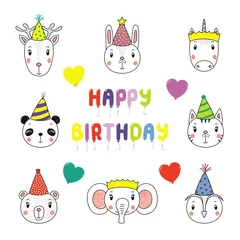 Sierkussen Set of hand drawn portraits of cute animals in party hats, with balloons in the shape of letters spelling Happy Birthday. Isolated objects on white background. Vector illustration. Design concept kids © Maria Skrigan