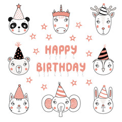 Set of hand drawn portraits of cute animals in party hats, with balloons in the shape of letters spelling Happy Birthday. Isolated objects on white background. Vector illustration. Design concept kids