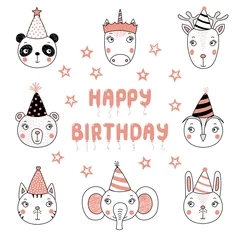 Sierkussen Set of hand drawn portraits of cute animals in party hats, with balloons in the shape of letters spelling Happy Birthday. Isolated objects on white background. Vector illustration. Design concept kids © Maria Skrigan