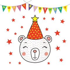 Poster Hand drawn vector portrait of a cute funny bear in party hat, with text Happy Birthday. Isolated objects on white background. Vector illustration. Design concept for children, party, celebration, card © Maria Skrigan