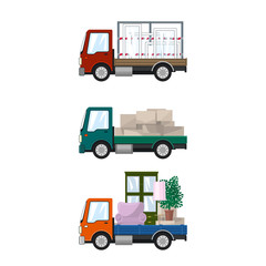 Set of Small Cargo Trucks, Van with Windows, Green Mini Lorry with Boxes, Orange Truck with Furniture, Transport and Delivery Services, Logistics, Vector Illustration