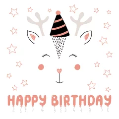 Zelfklevend Fotobehang Hand drawn vector portrait of a cute funny deer in party hat, with text Happy Birthday. Isolated objects on white background. Vector illustration. Design concept for children, party, celebration, card © Maria Skrigan