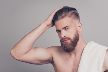 Profile side half-turned portrait of confident sporty virile masculine handsome self-assured...