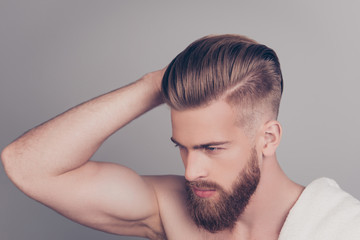 Top above side profile half-turned photo of handsome serious concentrated neat groomed confident...
