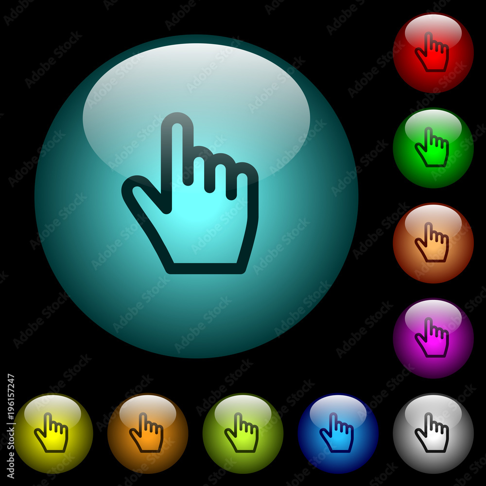Poster hand cursor icons in color illuminated glass buttons