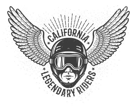 Head of the rider in helmet and sports goggles with wings on the sides - vintage emblem. Worn texture on separate layers and can be disabled.