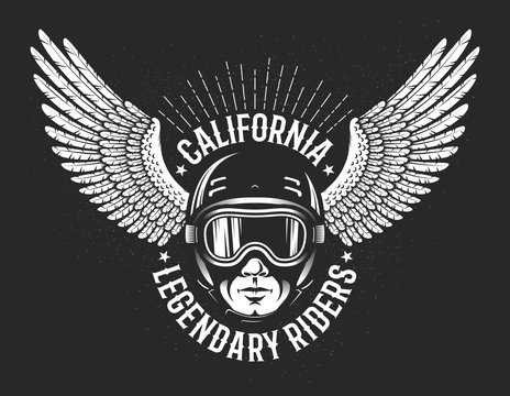 Retro logo of the legendary California riders. Head of the racer in sports helmet and glasses and the outstretched wings of an eagle in the background.