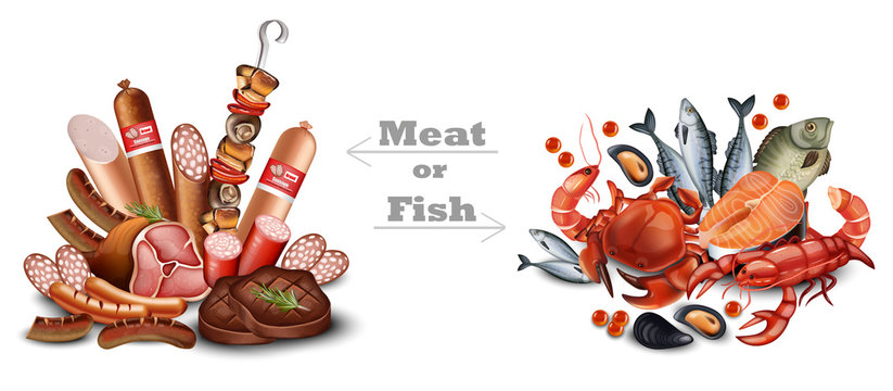 Set of meat vs seafood set Vector realistic detailed illustration. Meat or fish texts