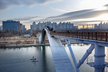 Bridge view of the Seonyudo Park with sunset in Seoul city, Korea