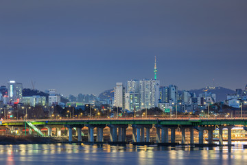 Night view of Seoul city and Han river in Korea