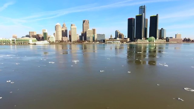 Icebergs and River With Detroit Skyline