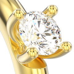 3D illustration isolated close up yellow gold solitaire engagement diamond ring