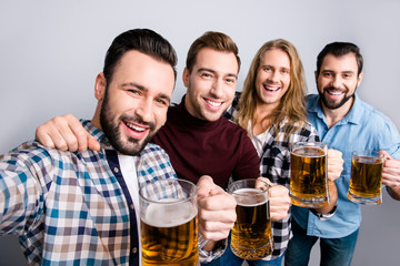 Success photographing football soccer holiday unity festive mood concept close up photo of handsome excited cheerful bearded toothy smiling guys making self picture hugging isolated on gray background
