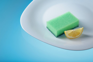 White plate and dish sponge .