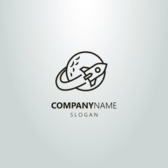 black and white simple linear logo of a space rocket flying around the planet