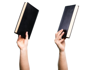 Set of hand holding book over isolated white background