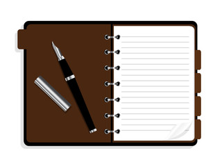 
Open notebook with spiral and bookmarks and pen on a white background.  organiser icon.