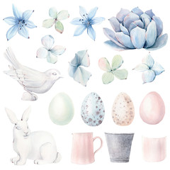 Watercolor spring  objects set in vintage style.