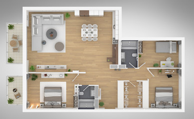 Home floor plan top view 3D illustration. Open concept living apartment layout - obrazy, fototapety, plakaty