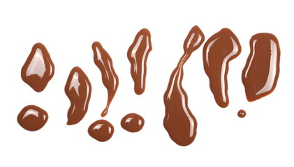 Spilled chocolate milk puddle isolated on white background, top view