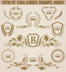 Set of golden monograms with floral elements for page, web design. Filigree royal shields, old frames, borders in vintage style for label, emblem, badge, logo, wedding card, invitation. Illustration.