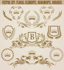 Set of golden monograms with floral elements for page, web design. Filigree royal shields, old frames, borders in vintage style for label, emblem, badge, logo, wedding card, invitation. Illustration.