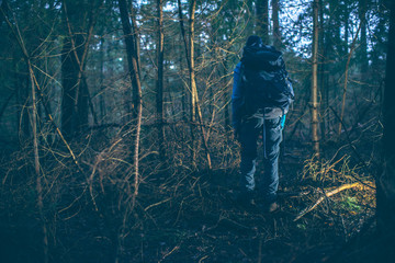 Backpacker hiking in dark winter forest at dusk. Rear view.