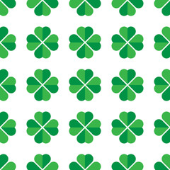 Green shamrock seamless pattern. Background of fourleaf clovers. Simple flat vector illustration.