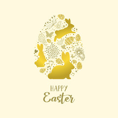 Happy spring easter greeting card in gold glitter