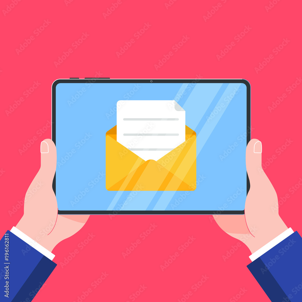 Poster hands holding black tablet device isolated on red background. pad tablet in human's hands with new m