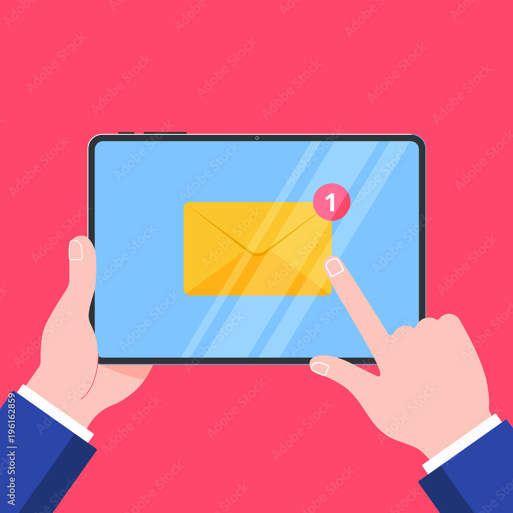 Poster hands holding black tablet device isolated on red background. pad tablet in human's hands with one n