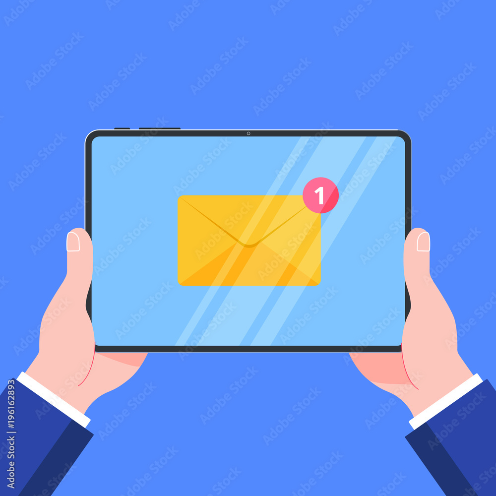 Poster hands holding black tablet device isolated on blue background. pad tablet in human's hands with one 