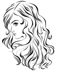 Graphic image of a young pretty girl with long wavy hair. Vector illustration