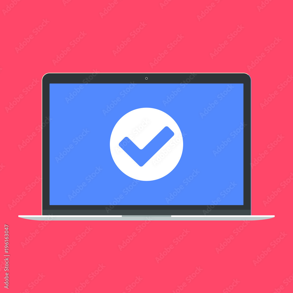 Poster modern device - laptop, computer or netbook pc flat design with check mark tick ok on the screen ico