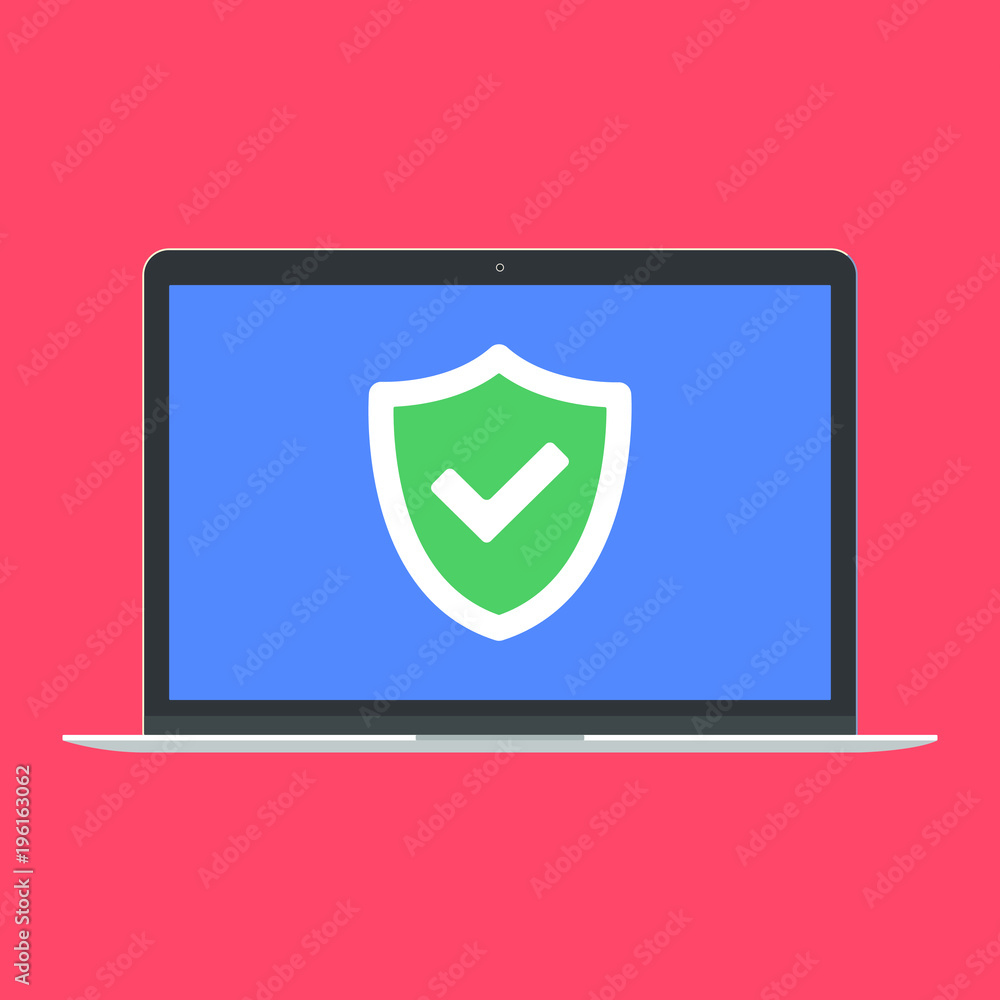 Poster modern device - laptop, notebook, netbook pc flat design with check mark tick and shield on the scre
