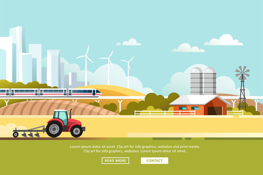 Agriculture and Farming. Agribusiness. Rural landscape with silhouette megapolis and train rail. Design elements for info graphic, websites and print media. Vector illustration.