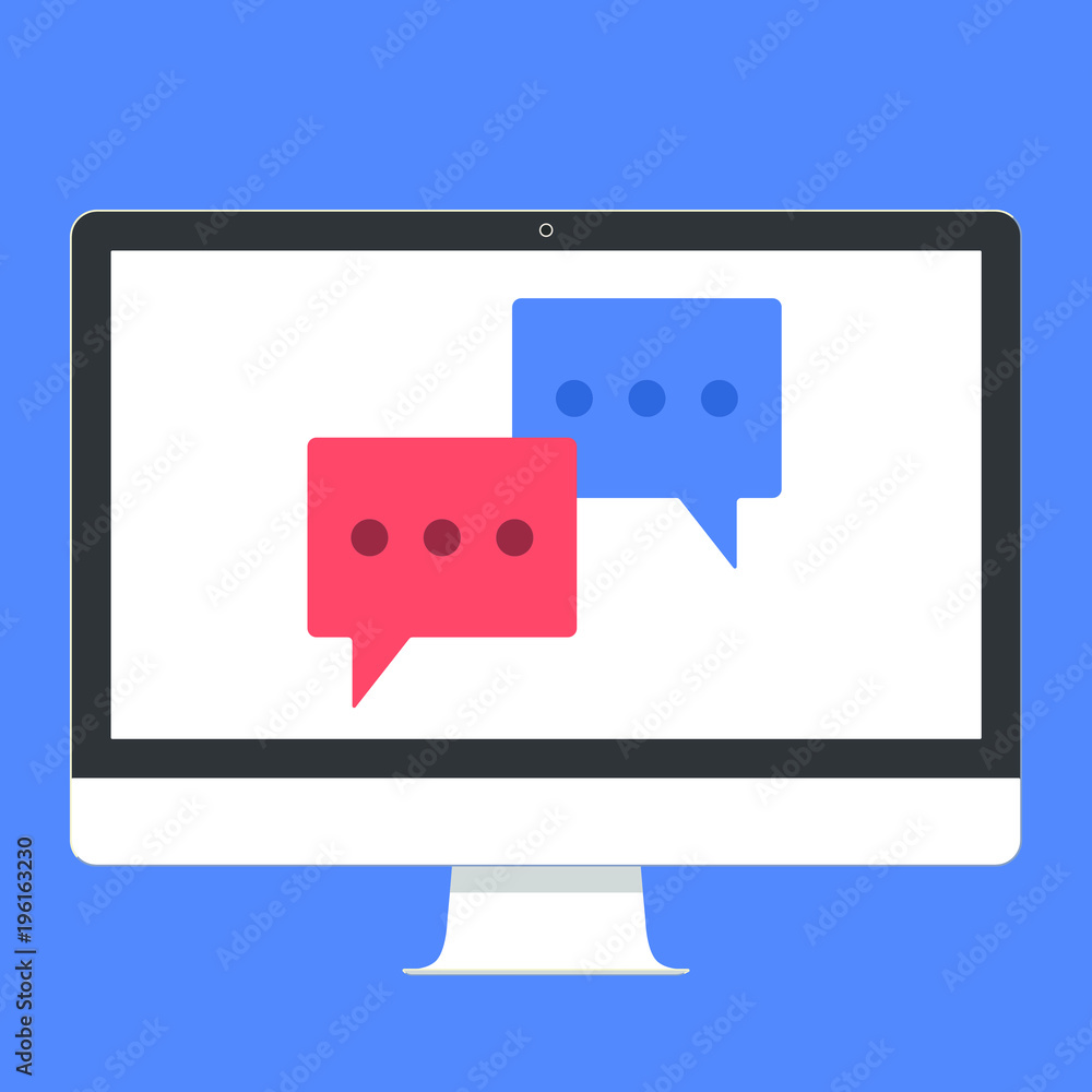 Poster modern electronic device - flat design monitor or all-in-one-pc vector illustration with chat bubble