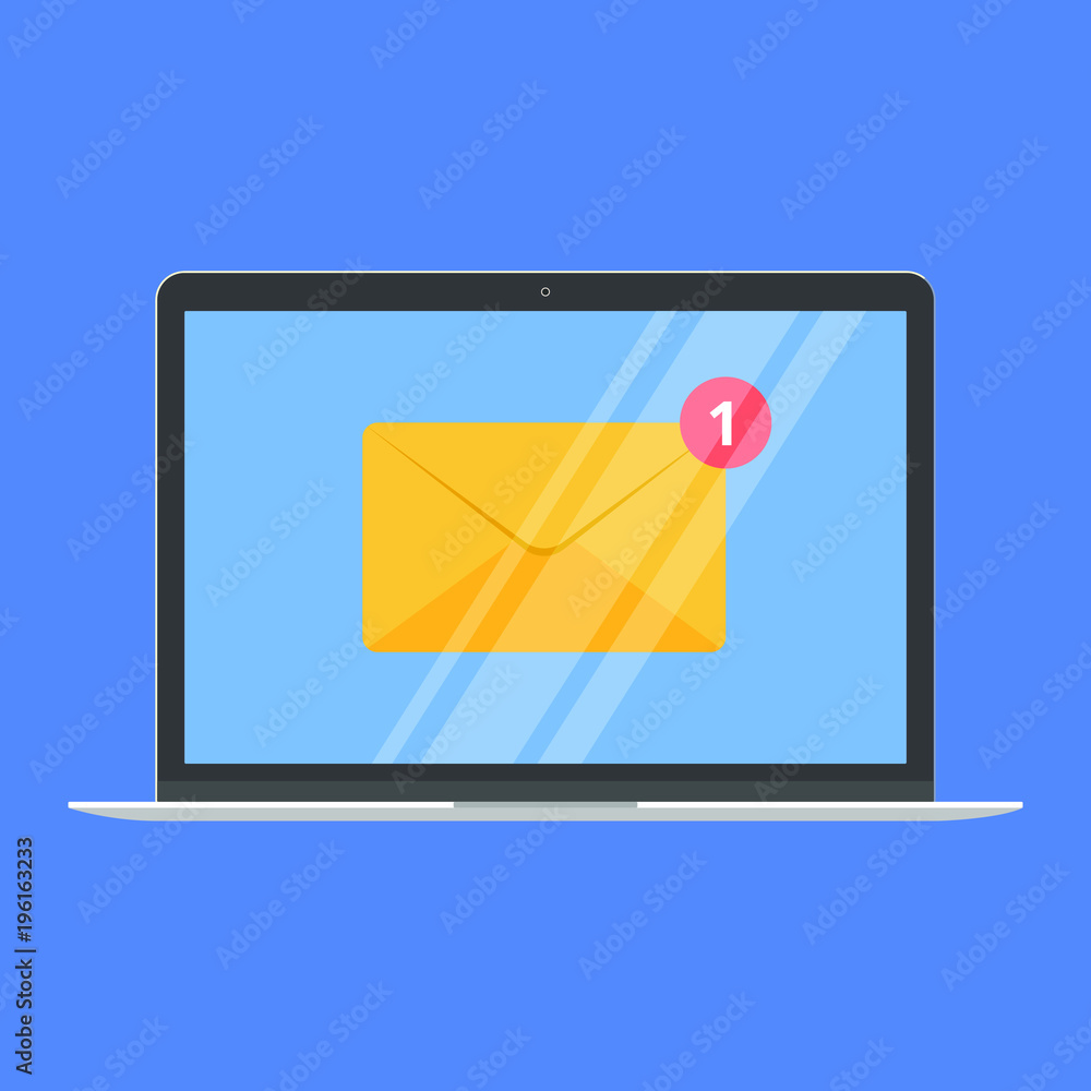 Poster modern device - laptop, notebook, netbook pc flat design with new message envelope on the screen ico