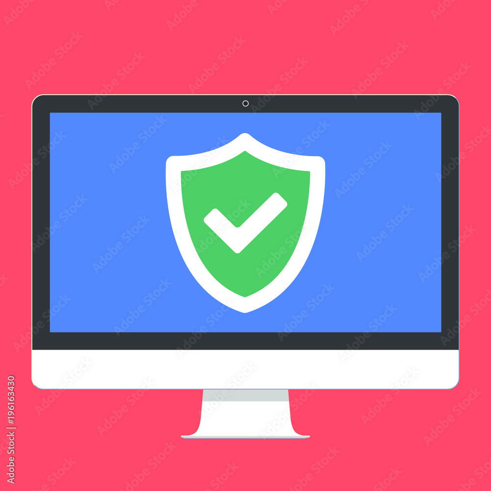 Poster modern electronic device - flat design monitor or all-in-one-pc vector illustration with check mark 