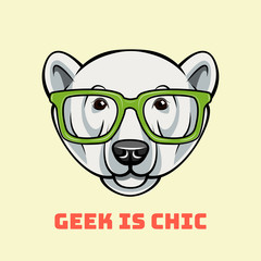 Polar Bear face in geek glasses. Geek is chic.  illustration isolated on white