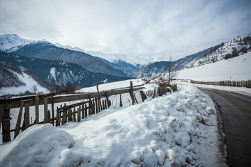 Obraz premium Panoramic view on snow winter mountains. Caucasus Mountains. Svaneti region of Georgia